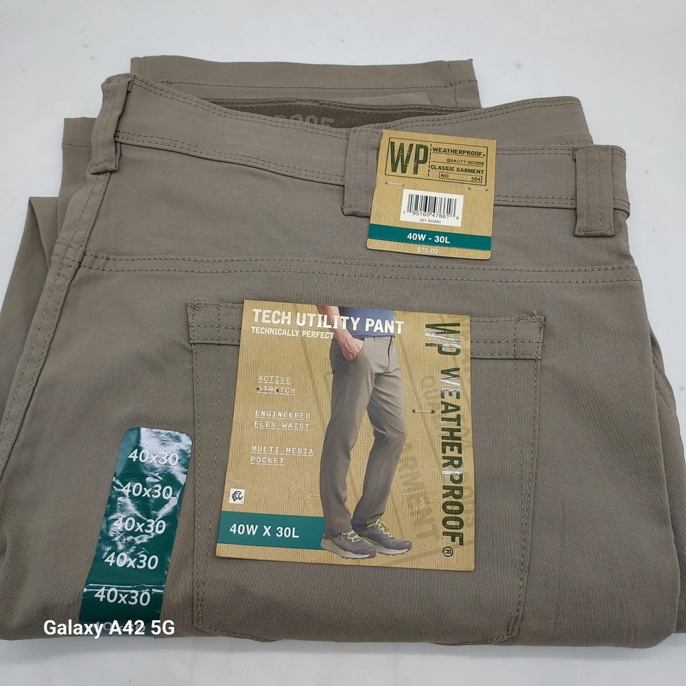 Weatherproof WP Mens Tech Utility Pant Khaki Active Stretch Flex Waist 40x30